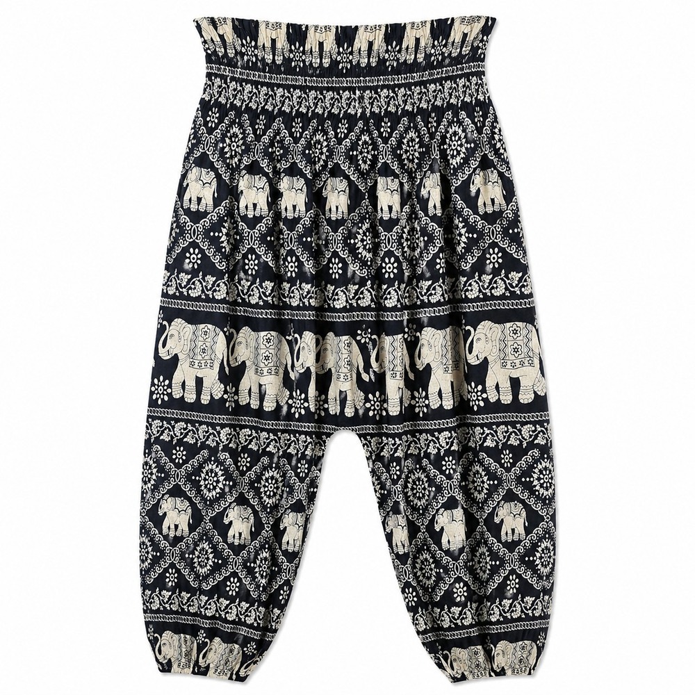 BANGKOK PANTS Smocked Waist Harem Plus Sz Thai Elephant Print Boho Tribal Hippie
